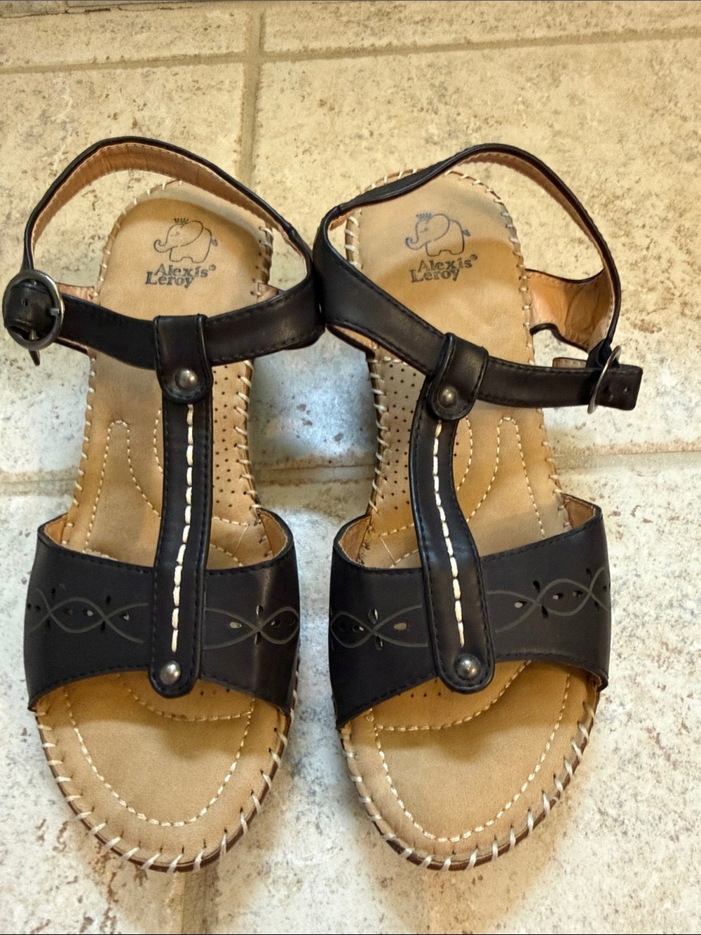 Alexis Leroy Black and Tan T-Strap Comfort Wedge Sandals